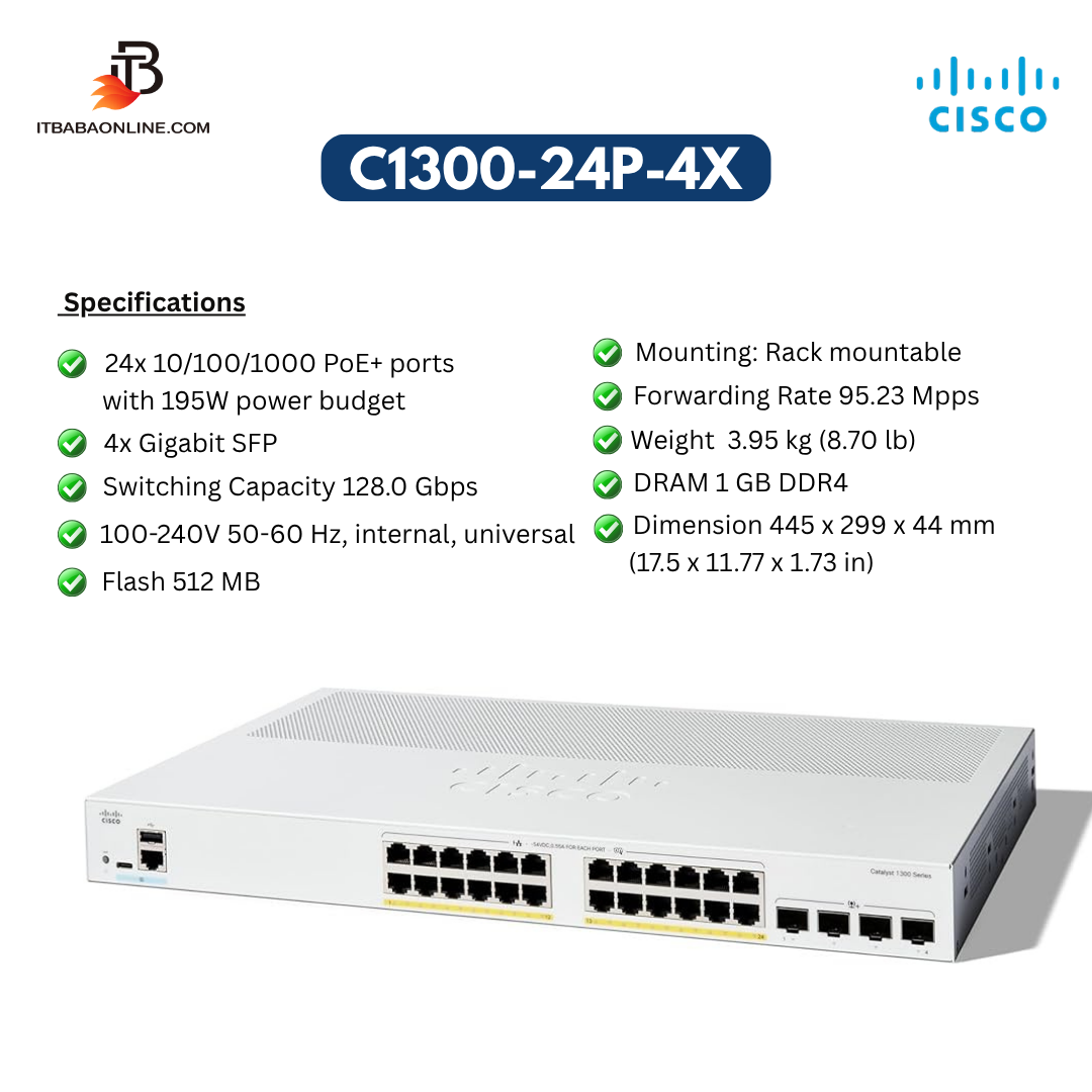 C1300-24P-4X a Cisco 24 Port PoE+ Switch with 4 SFP+ Ports