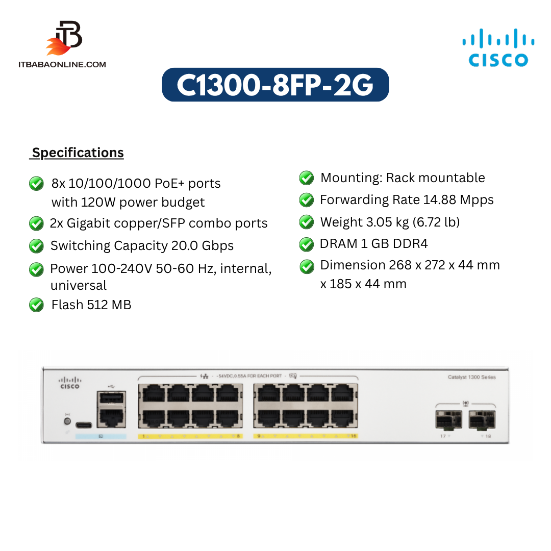 C1300-8FP-2G a Cisco C1300-8FP-2G Network Switch with SFP Uplink