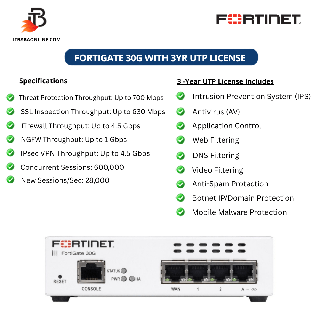 Fortinet FortiGate 30G firewall with 3 year UTP license