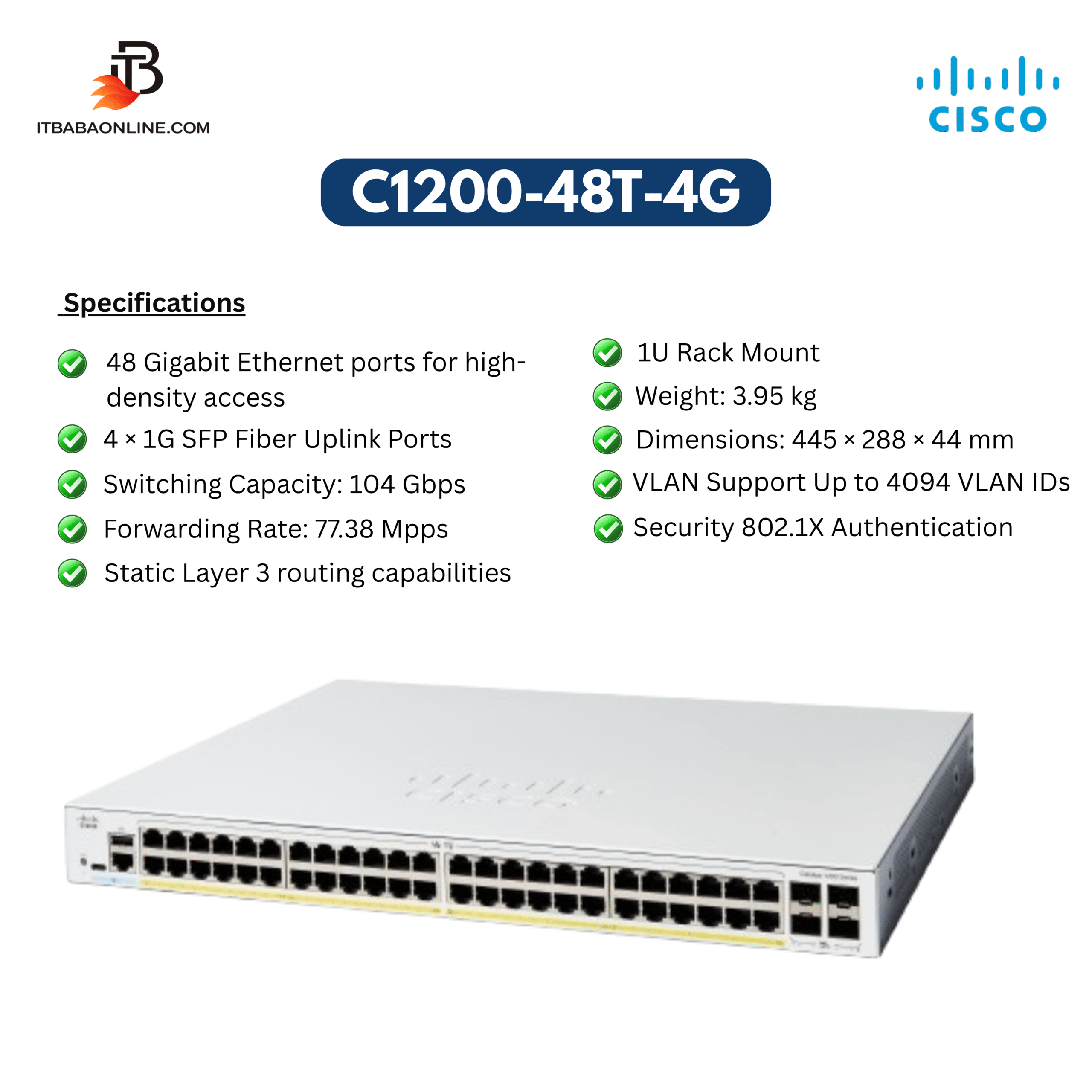 Cisco Catalyst C1200-48T-4G 48-Port Gigabit Smart Managed Switch with 4 SFP Uplinks