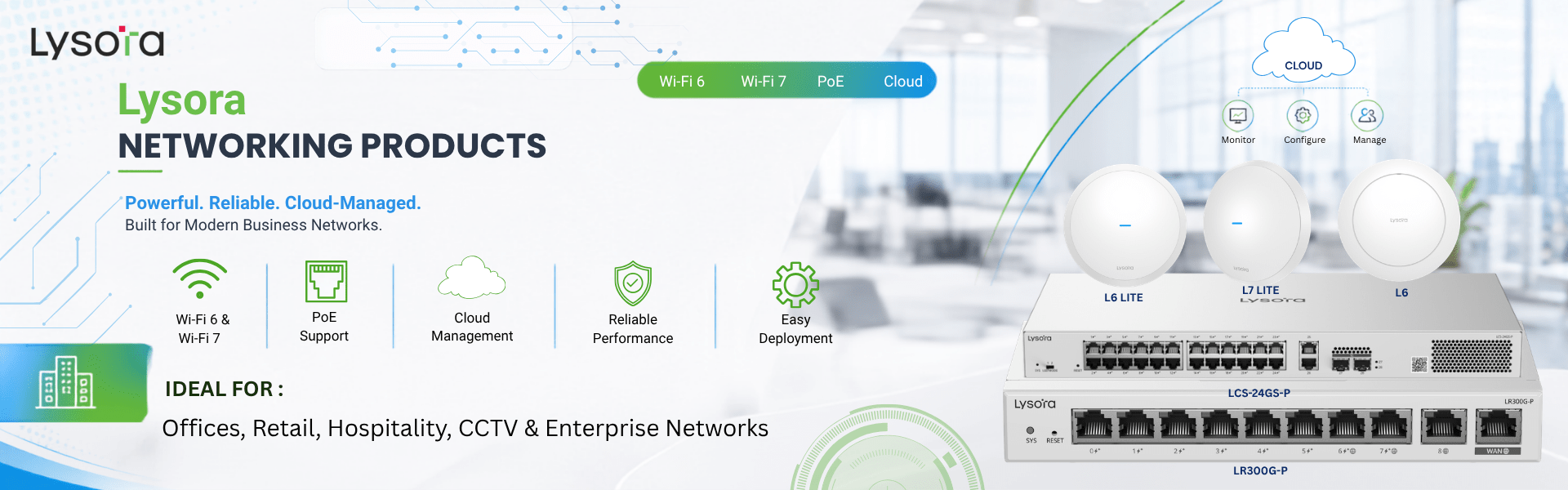 Lysora networking products including Wi-Fi access points, PoE switch and cloud-managed router